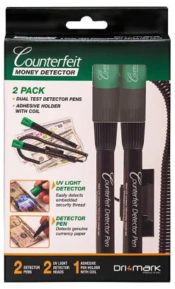 Dri-Mark® Dual-Test Counterfeit Detection Pens With UV LED Light, Black, Pack Of 2 Pens