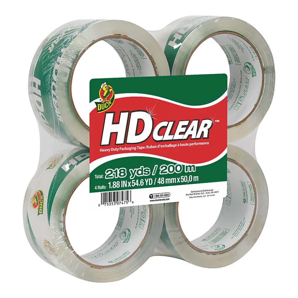 Duck® HD Clear™ Heavy-Duty Packaging Tape, 1.88" x 54.6 Yd., Clear, Pack Of 4 Rolls
