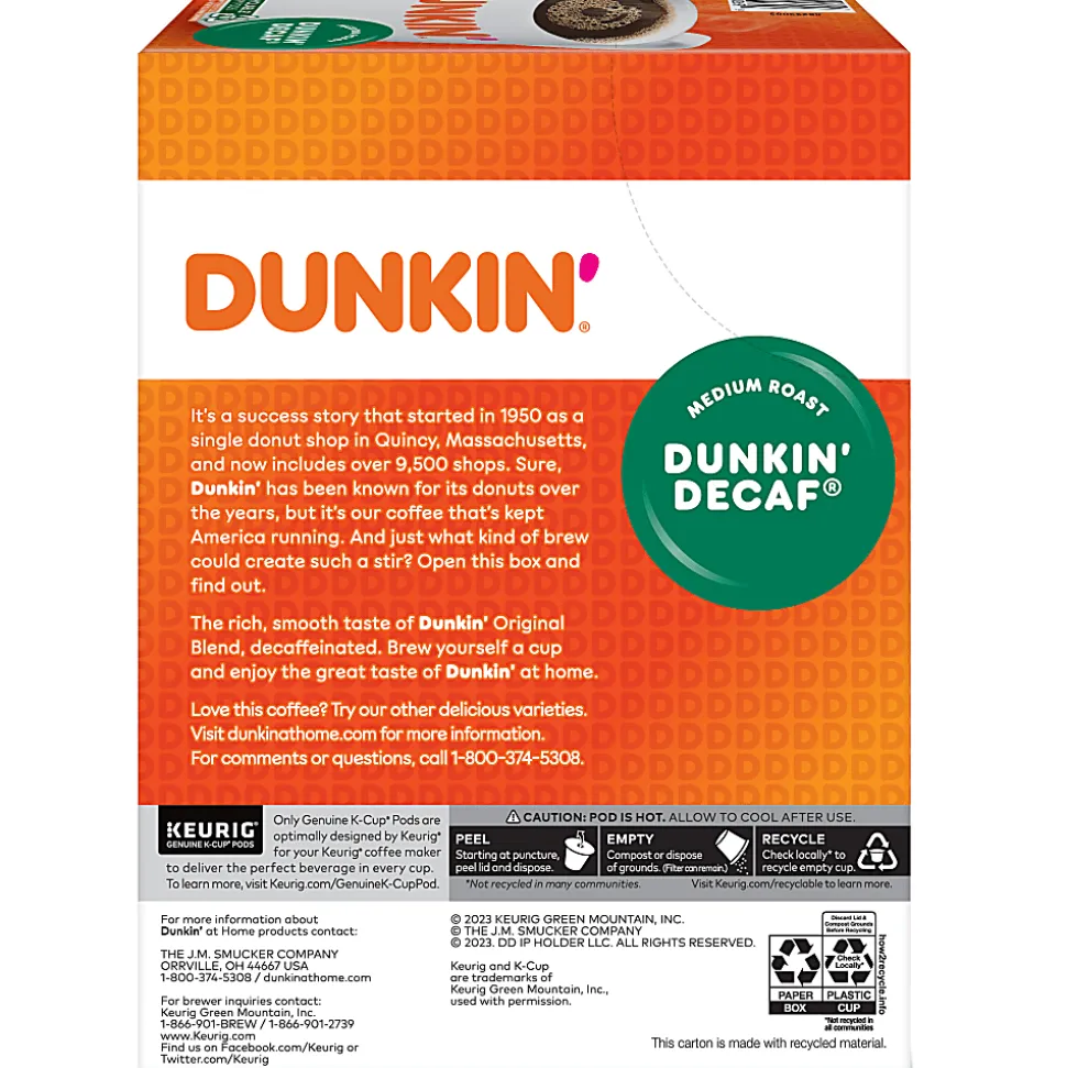 Dunkin' Donuts Decaf Keurig Single-Serve K-Cup Pods, Medium Roast, 22 Pods Per Pack, Case Of 4 Packs
