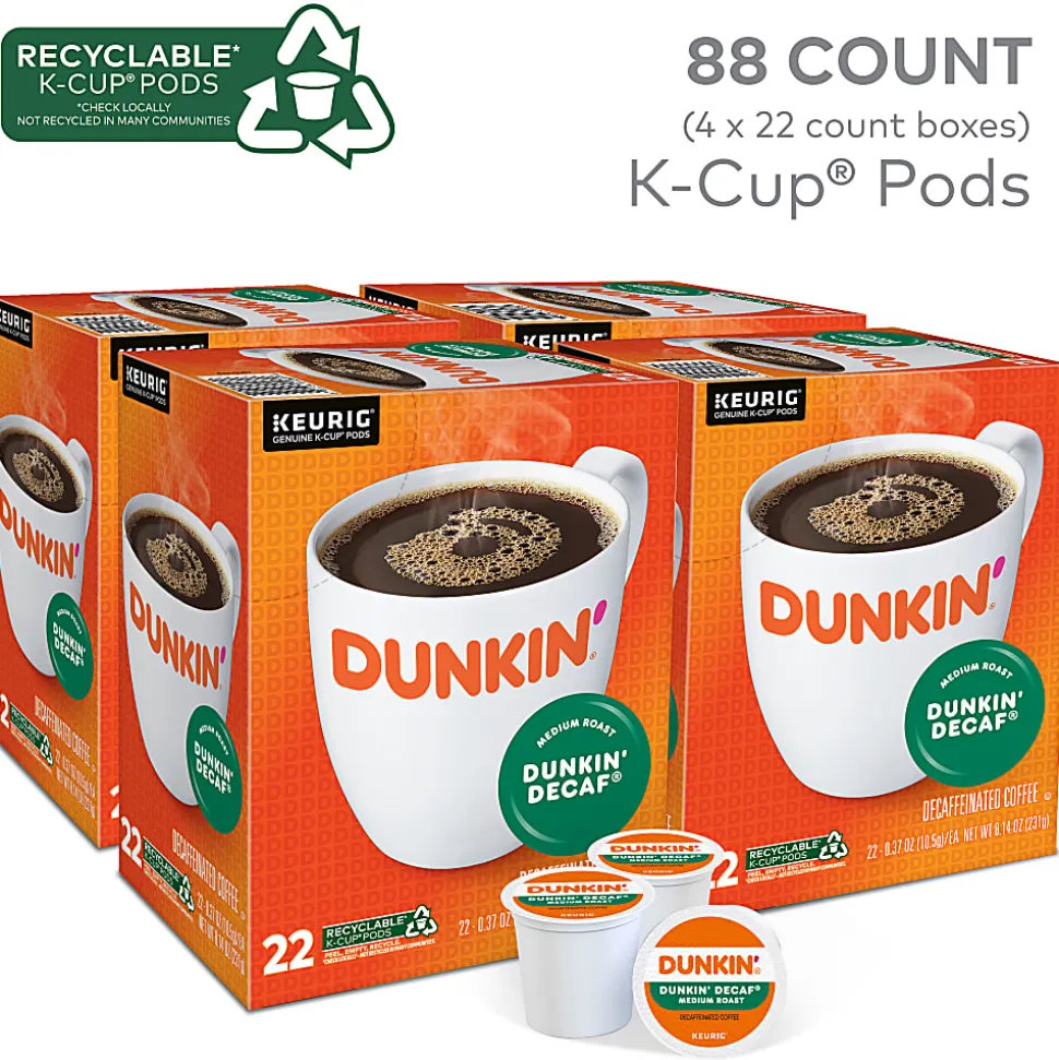 Dunkin' Donuts Decaf Keurig Single-Serve K-Cup Pods, Medium Roast, 22 Pods Per Pack, Case Of 4 Packs