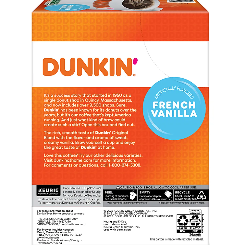 Dunkin' Donuts French Vanilla Keurig Single Serve K-Cup Pods, Light Roast, 22 Pods Per Pack, Case Of 4 Packs