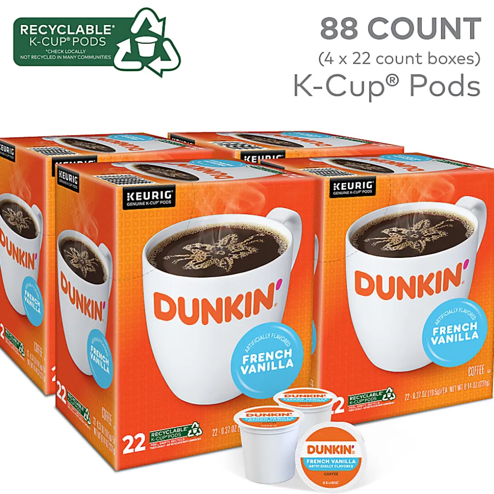 Dunkin' Donuts French Vanilla Keurig Single Serve K-Cup Pods, Light Roast, 22 Pods Per Pack, Case Of 4 Packs