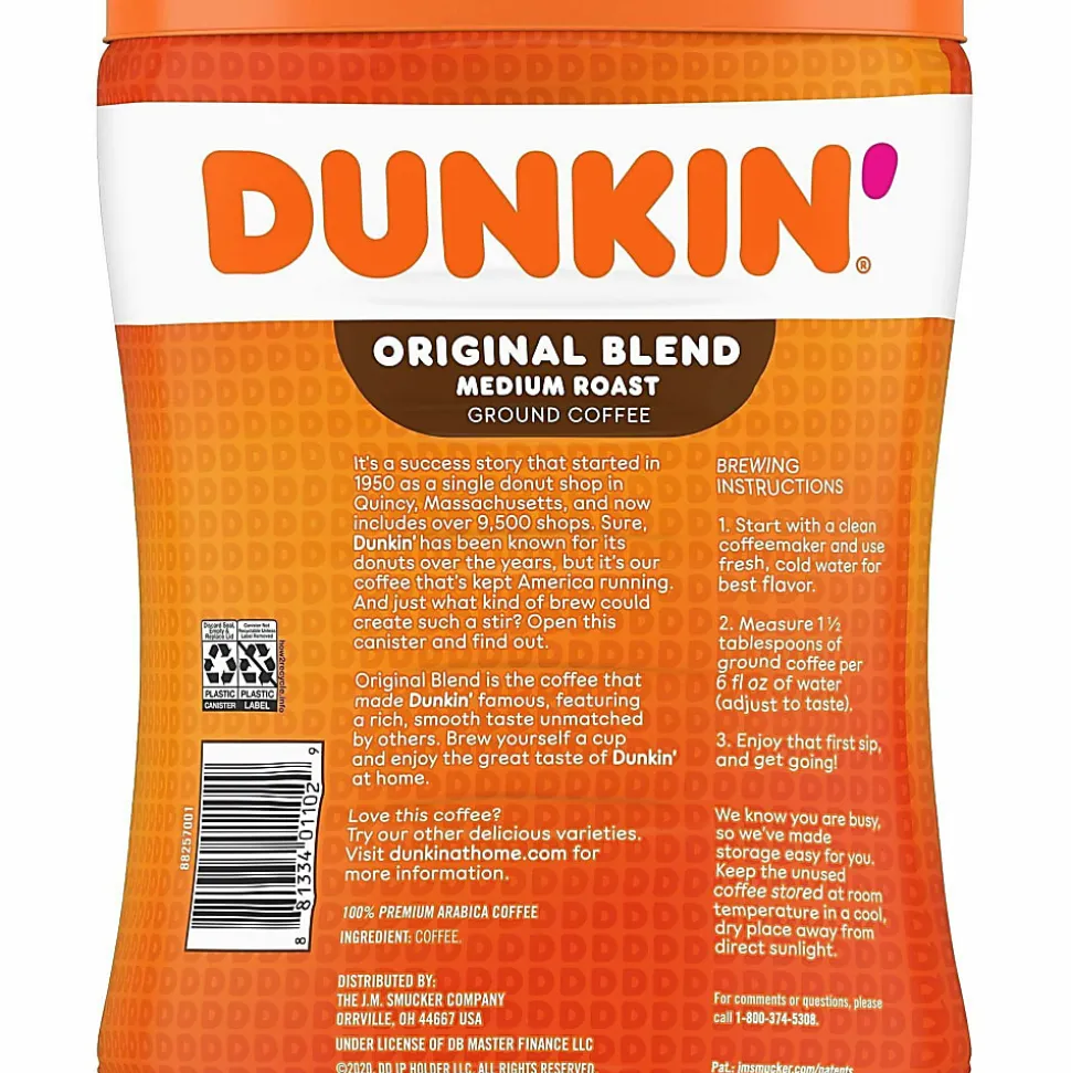 Dunkin' Donuts Original Blend Ground Canister Coffee, Medium Roast, Case Of 4, 30 Oz Per Canister