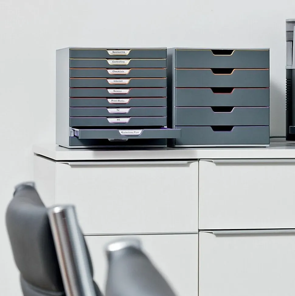 DURABLE® VARICOLOR® Desktop 10 Drawer Organizer - 11" W x 11-3/8" H x 14" D - 10 Drawers - Color Labeled Tabs - Charcoal