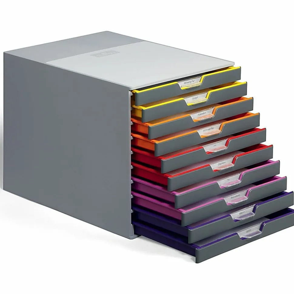 DURABLE® VARICOLOR® Desktop 10 Drawer Organizer - 11" W x 11-3/8" H x 14" D - 10 Drawers - Color Labeled Tabs - Charcoal