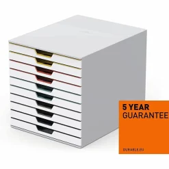 DURABLE VARICOLOR MIX 10 Drawer Desktop Storage Box, White/Multicolor - 10 Drawer(s) - 11" x 11.5"x 14" Depth - Desktop - White - Plastic - 1 Each