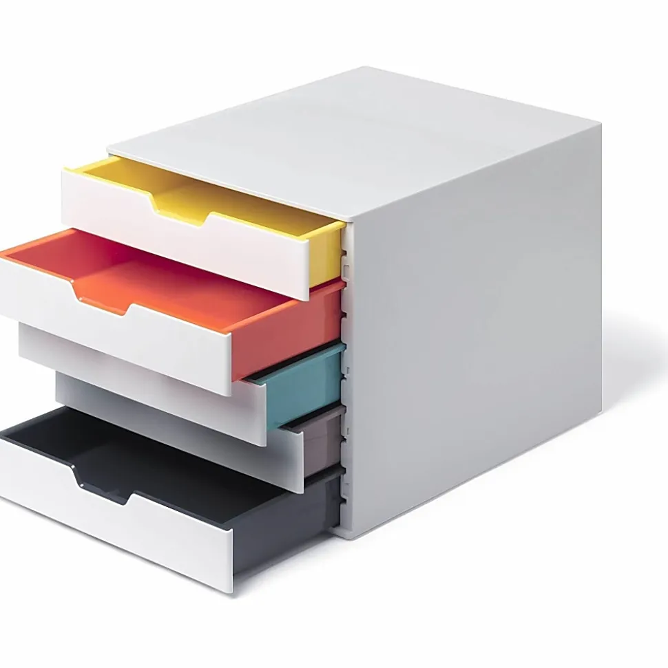 DURABLE VARICOLOR MIX 5 Drawer Desktop Storage Box, White/Multicolor - 5 Drawer(s) - 11" x 11.50"x 14" Depth - Desktop - White - Plastic - 1 Each