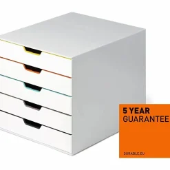 DURABLE VARICOLOR MIX 5 Drawer Desktop Storage Box, White/Multicolor - 5 Drawer(s) - 11" x 11.50"x 14" Depth - Desktop - White - Plastic - 1 Each