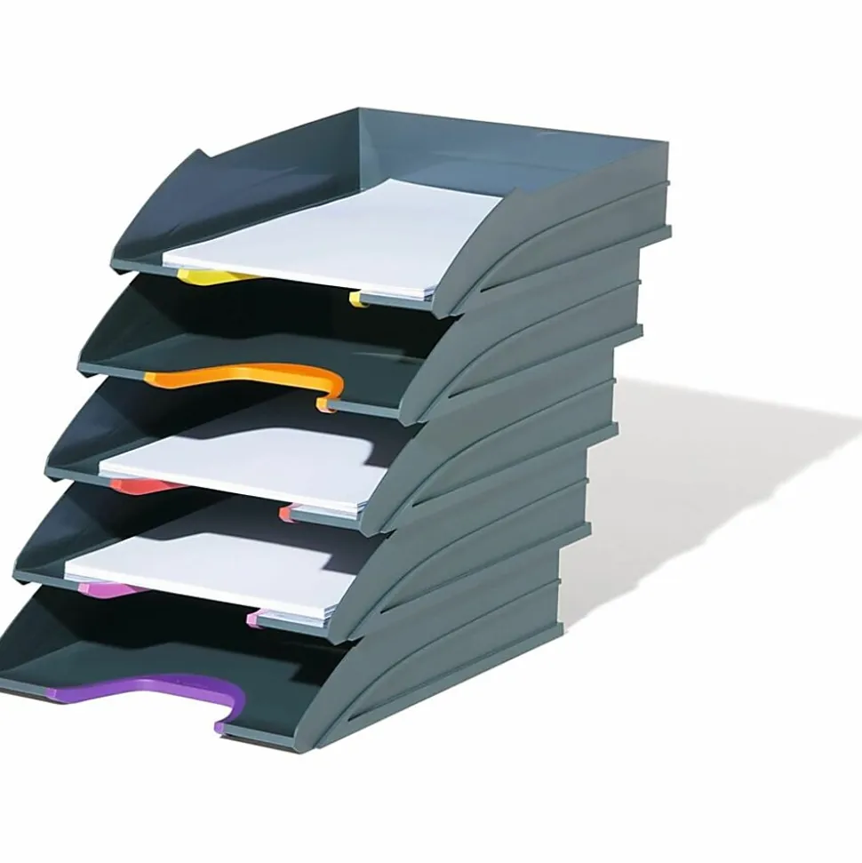 DURABLE® VARICOLOR® Stackable 5 Letter Trays - 10-1/2" W x 13-1/4" H x 13-1/4" HD- Color Labeled - Multi / Charcoal - Set of 5