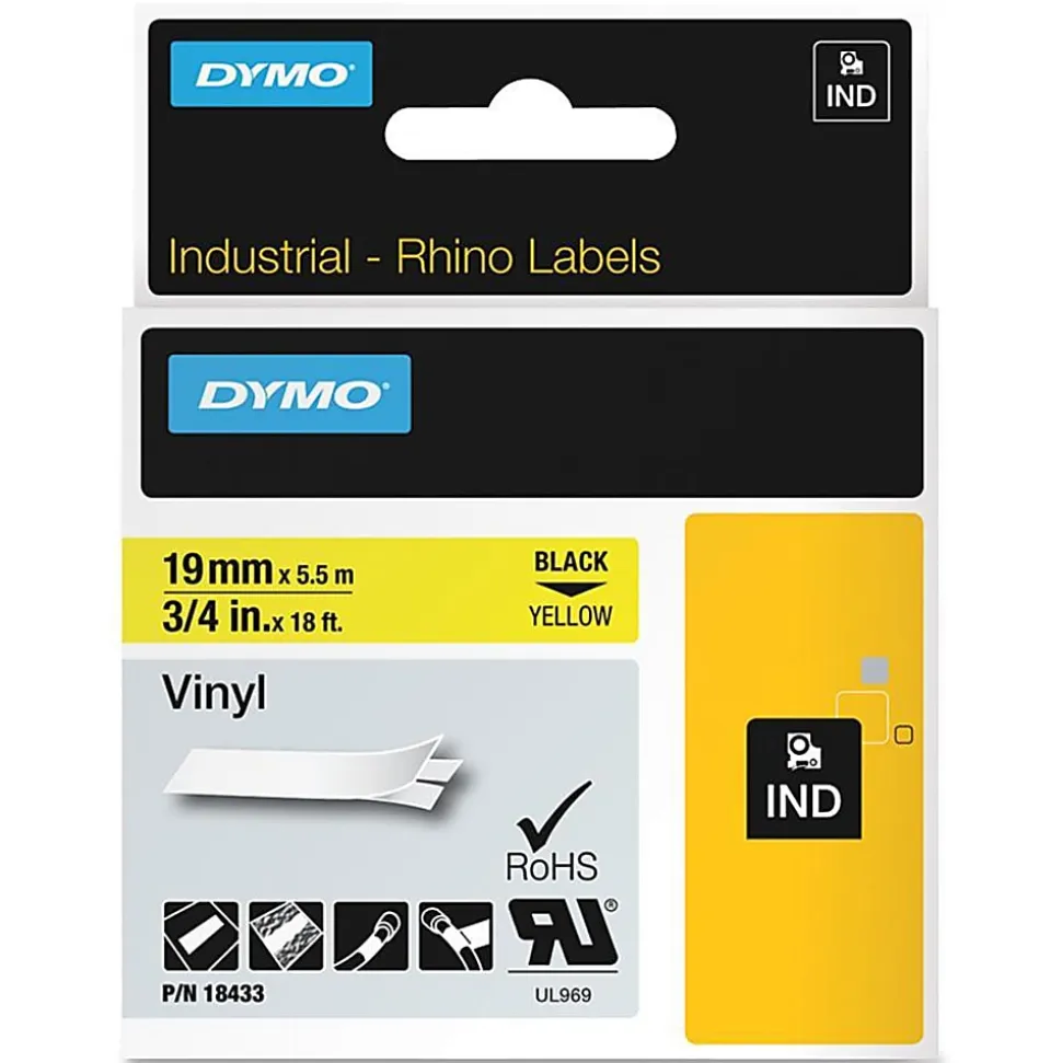 DYMO® Colored Industrial Rhino Vinyl Labels, 3/4"W x 18 3/64'L , Rectangle, Black on Yellow