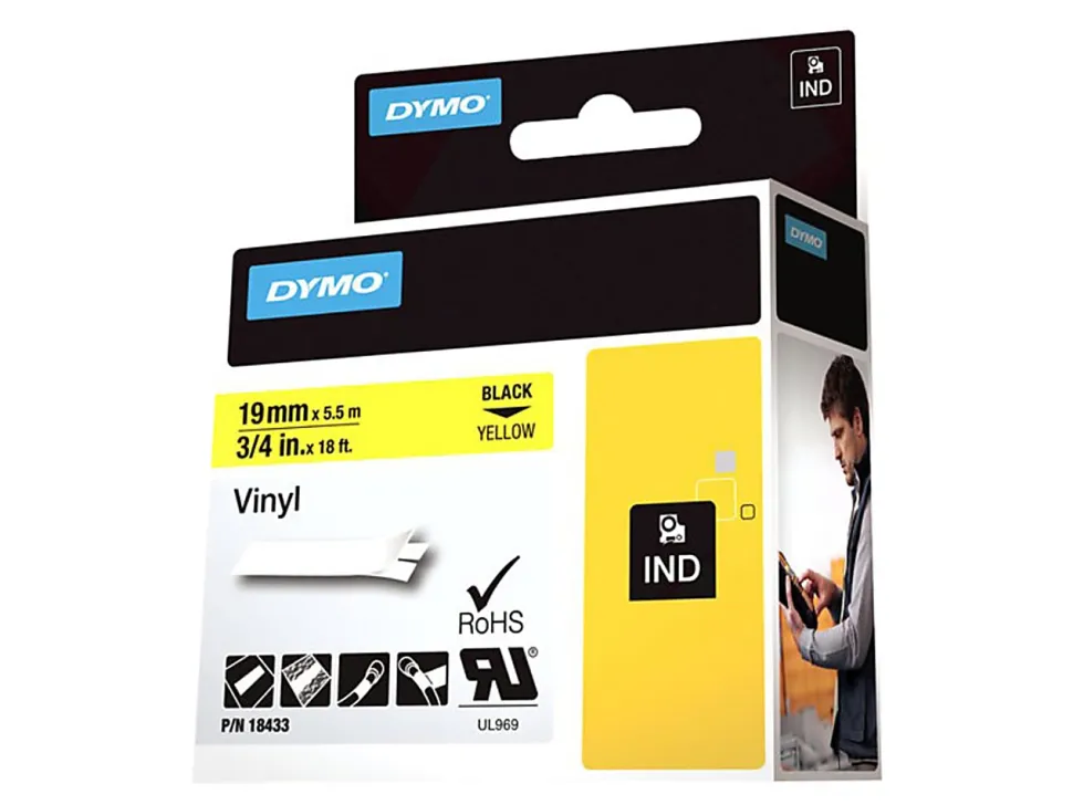 DYMO® Colored Industrial Rhino Vinyl Labels, 3/4"W x 18 3/64'L , Rectangle, Black on Yellow