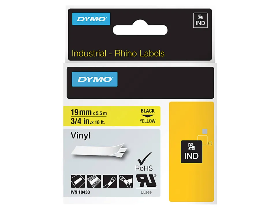 DYMO® Colored Industrial Rhino Vinyl Labels, 3/4"W x 18 3/64'L , Rectangle, Black on Yellow