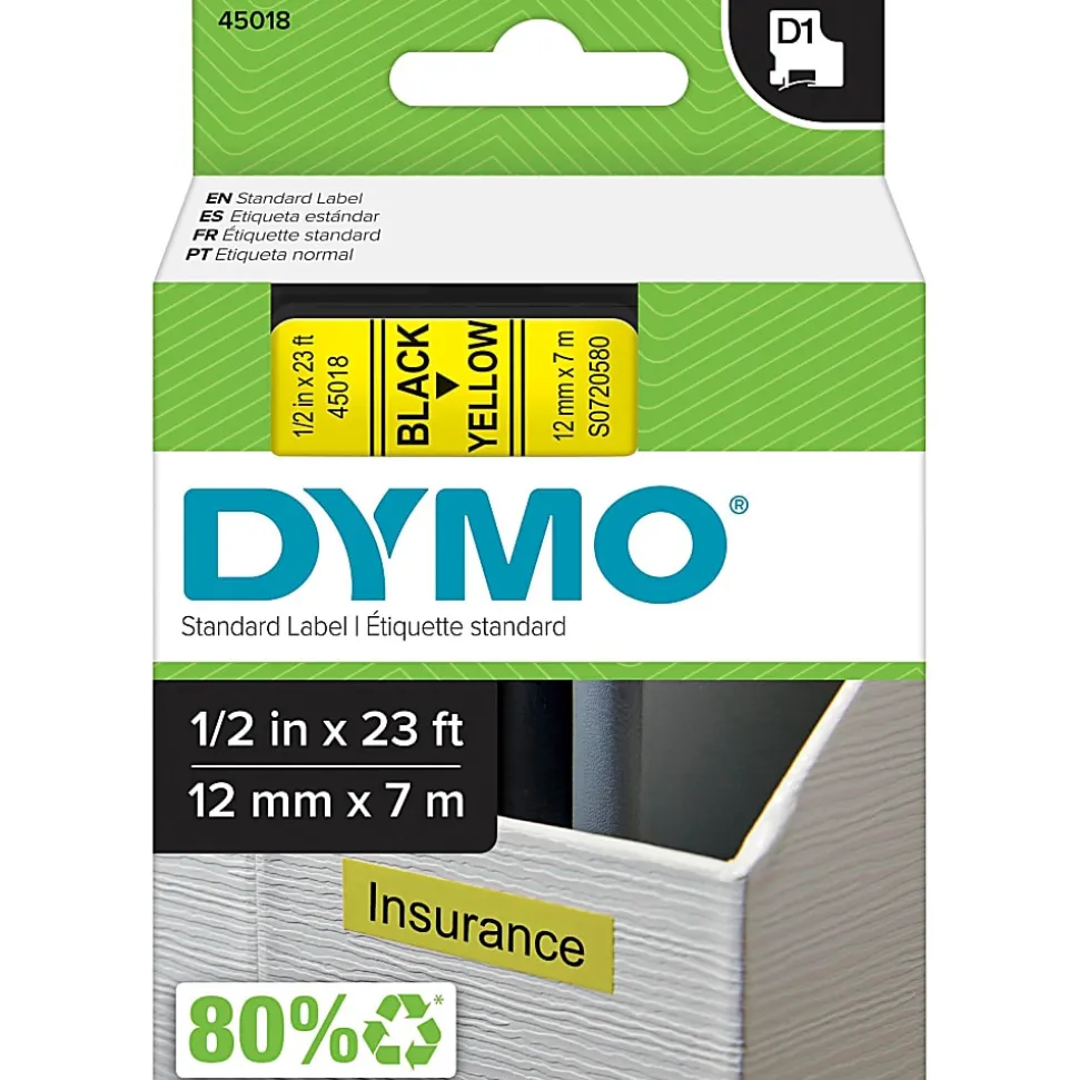DYMO® D1 45018 Black-On-Yellow Tape, 0.5" x 23'