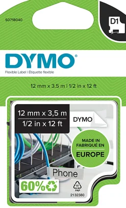 Dymo D1 High-Performance Flexible Nylon Fabric Tape For DYMO LabelManager Label Makers, 1/2” x 12’, Black Print on White