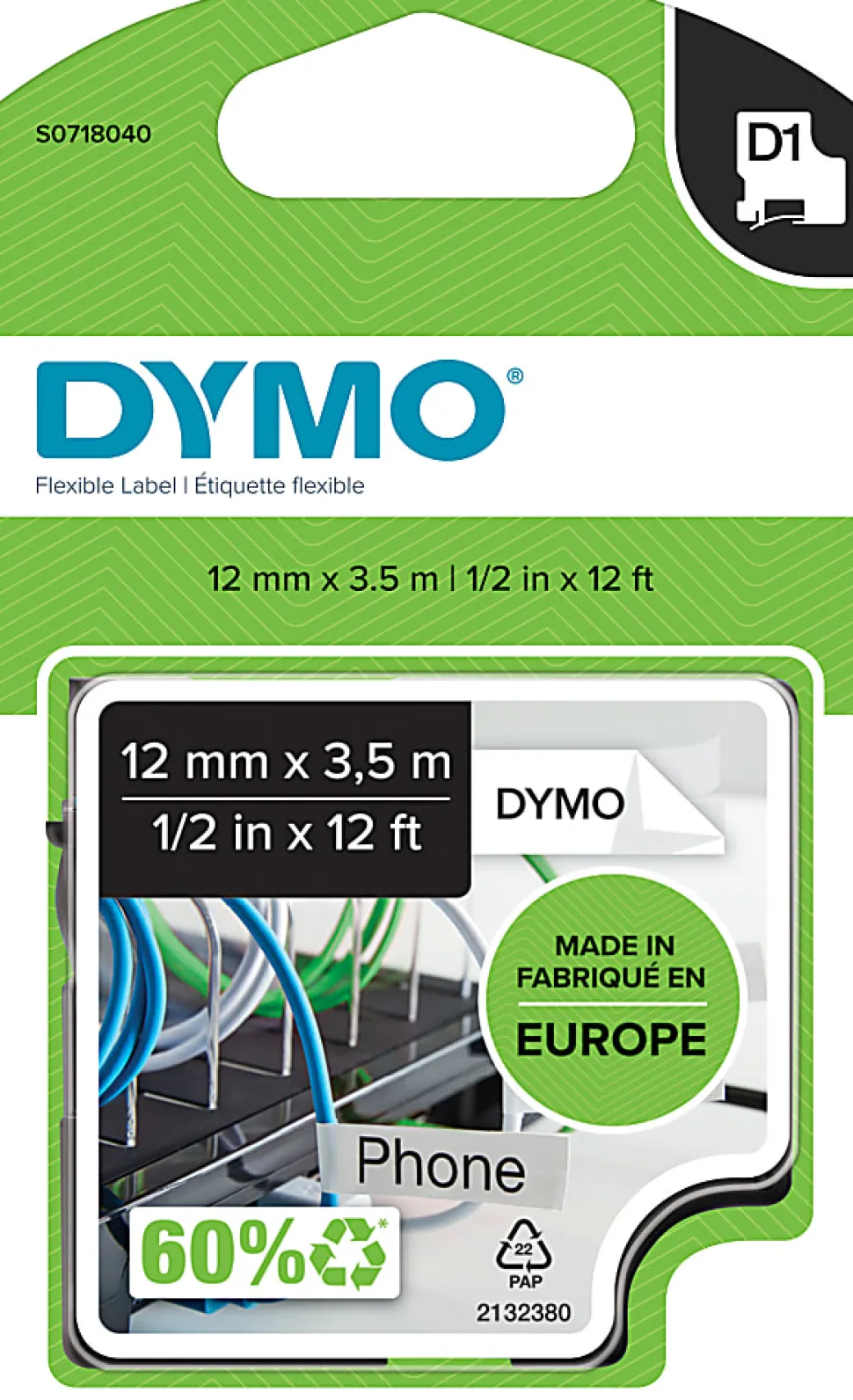 Dymo D1 High-Performance Flexible Nylon Fabric Tape For DYMO LabelManager Label Makers, 1/2” x 12’, Black Print on White