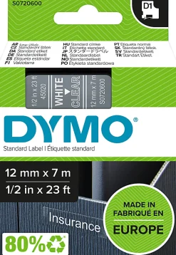 Dymo D1 Self-Adhesive Standard Labeling Tape for LabelManager™ and LabelWriter™ Duo Label Makers, 12