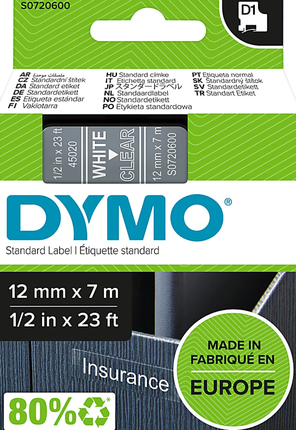 Dymo D1 Self-Adhesive Standard Labeling Tape for LabelManager™ and LabelWriter™ Duo Label Makers, 12" x 23', White on Clear
