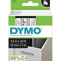 DYMO® D1 Standard Label Tape, 45015, Rectangle, 0.5" x 23', Black On Clear