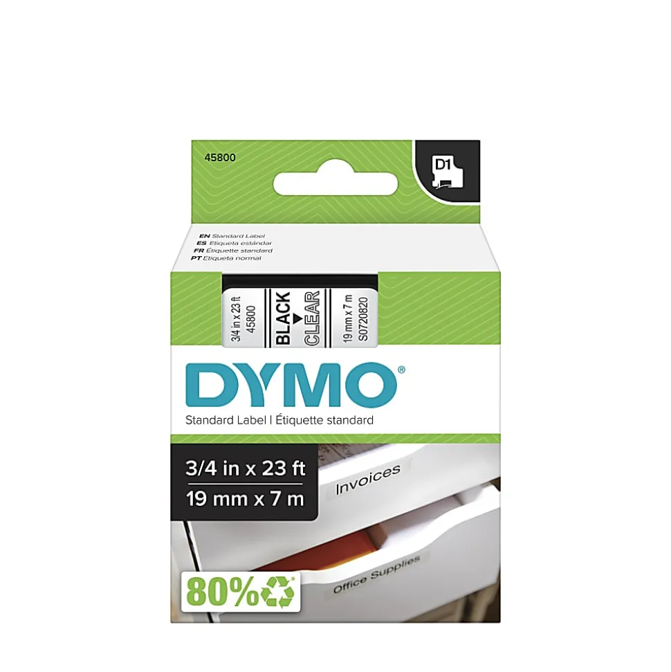 DYMO D1 Thermal Transfer Label Cartridge, 45800, 3/4" x 23' , Black Print/Clear Tape