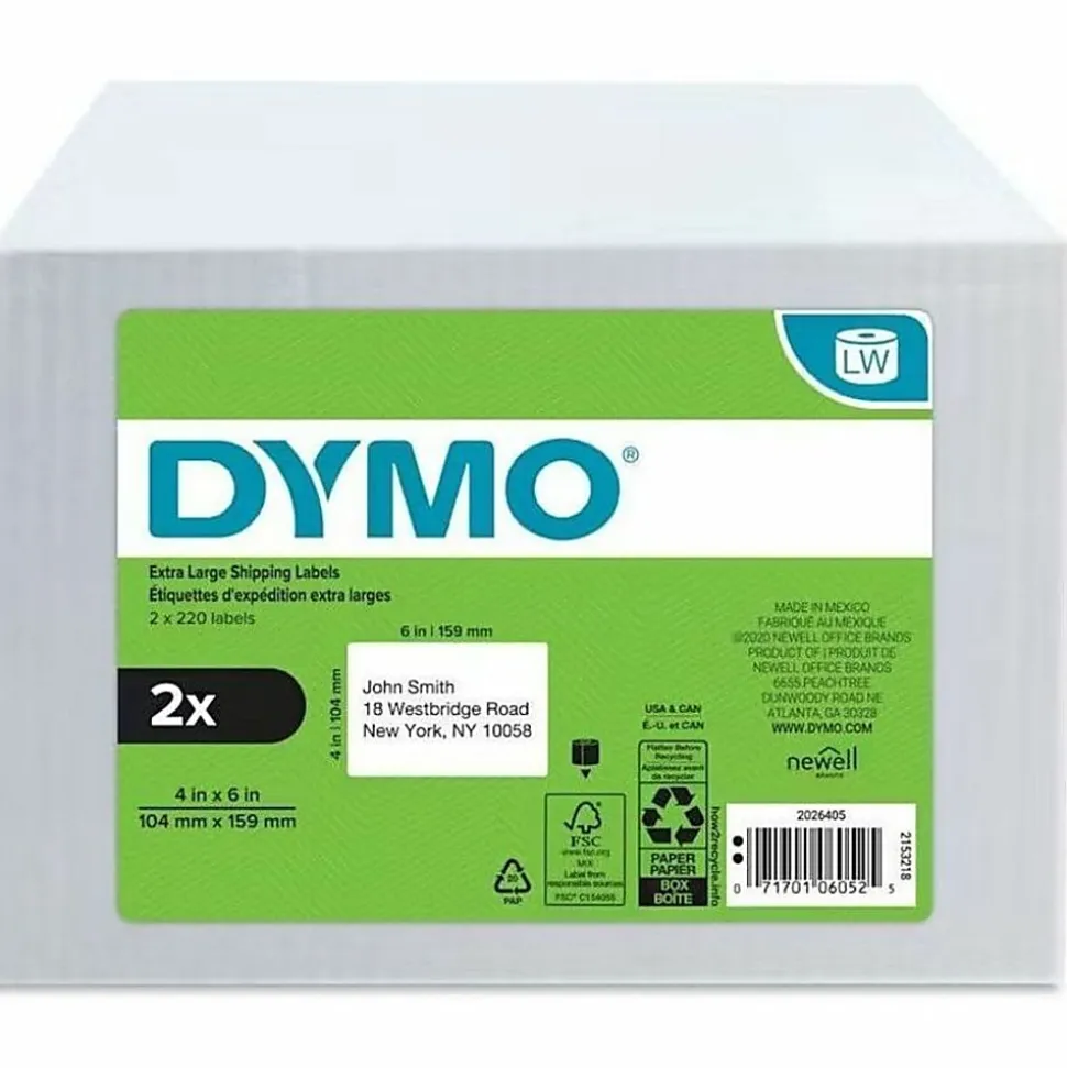 DYMO® Extra-Large Shipping Labels For LabelWriter® Label Printers, 4" x 6", White, 220 Labels Per Roll, Pack Of 2 Rolls