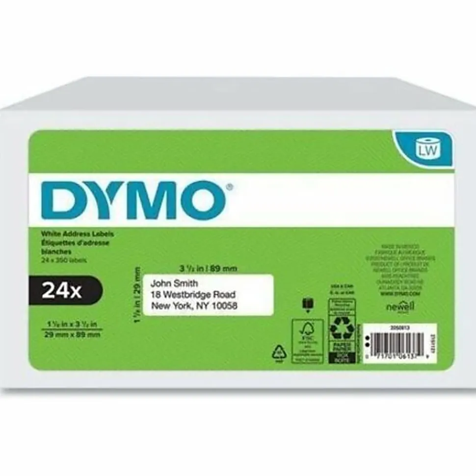 DYMO® LabelWriter Address Labels, 1-1/8"H x 3-1/2"W, Rectangle, White, 350 Labels Per Roll, Pack Of 24 Rolls