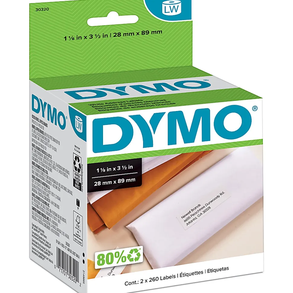 DYMO® LabelWriter Address Labels, 30320, 1" Core, 1.13" x 3.5", White, 260 Per Roll, Box Of 2 Rolls