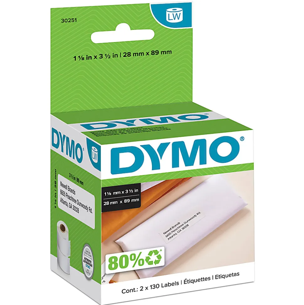 DYMO® 30251 LabelWriter® Address Labels, 30251, 1 1/8" x 3 1/2", White, 130 Labels Per Roll, Pack Of 2 Rolls
