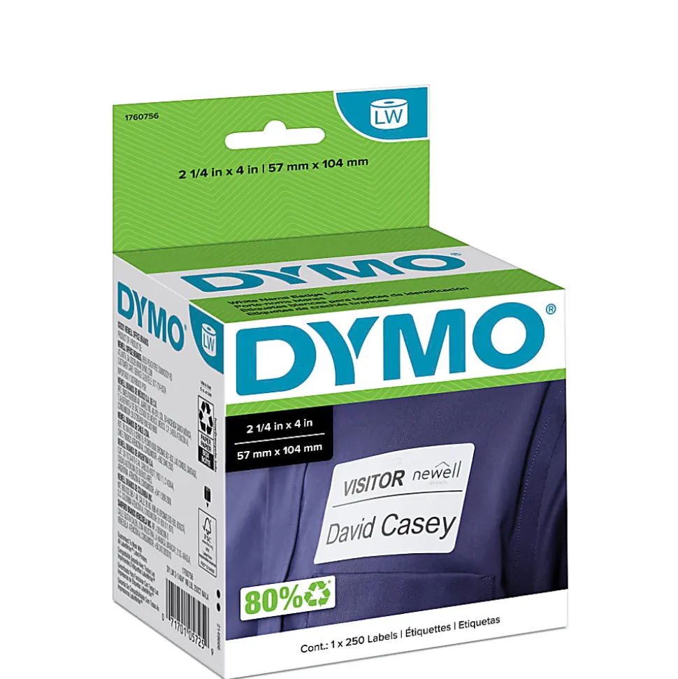 DYMO® LabelWriter® Name Badge Self-Adhesive Labels, 1760756, White, 2 1/4" x 4", Roll 0f 250 Labels