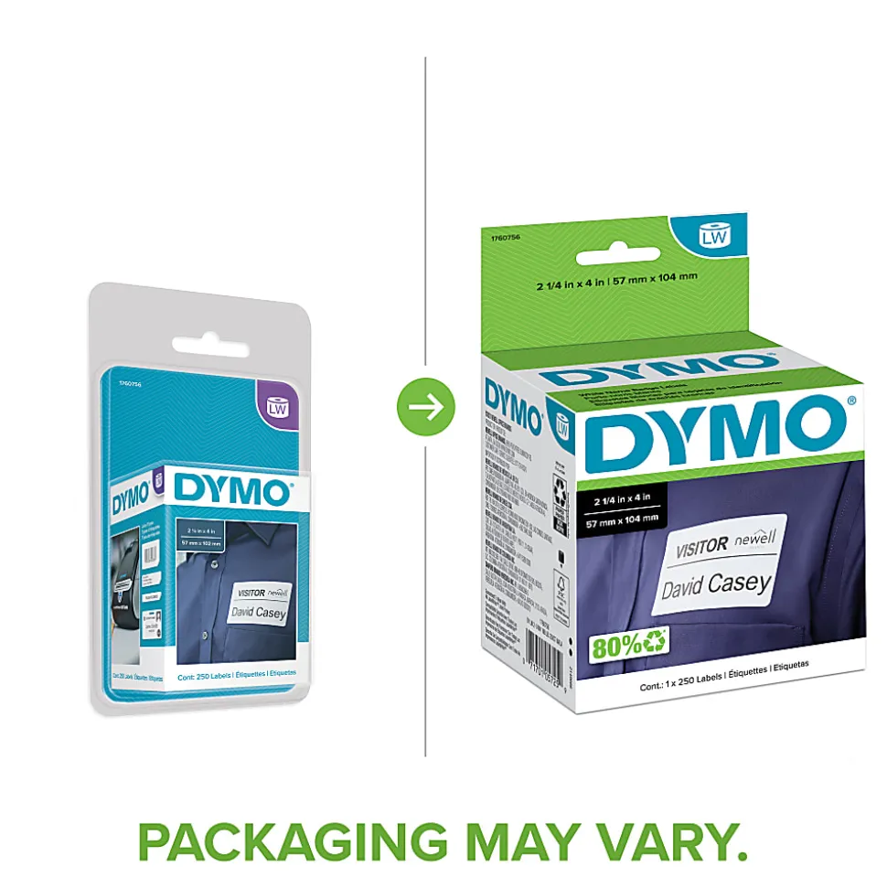 DYMO® LabelWriter® Name Badge Self-Adhesive Labels, 1760756, White, 2 1/4" x 4", Roll 0f 250 Labels