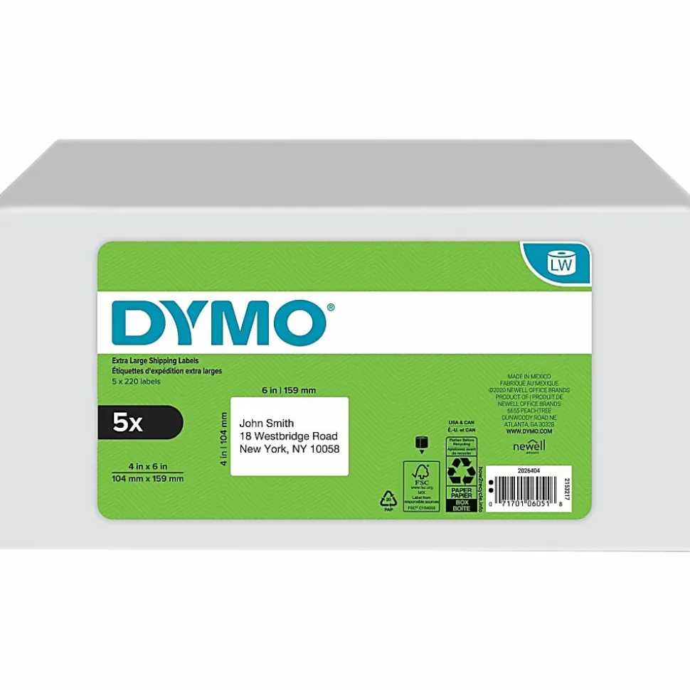 Dymo® LabelWriter XL Shipping Labels, 4" x 6", Rectangle, White, 220 Labels Per Roll, Pack Of 5 Rolls
