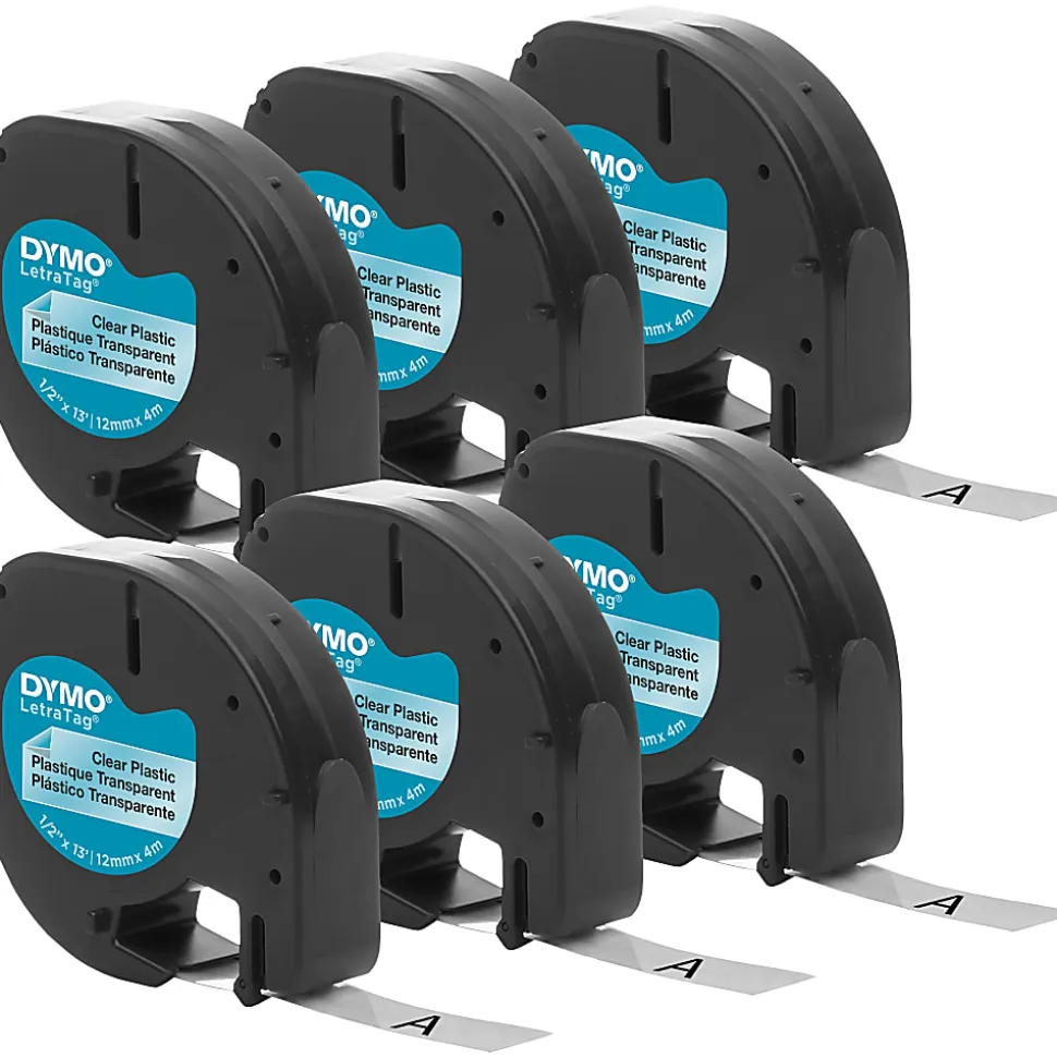 DYMO® LetraTag Labelmaker Plastic Labels, 1/2"W x 13'L , Clear, Pack Of 6