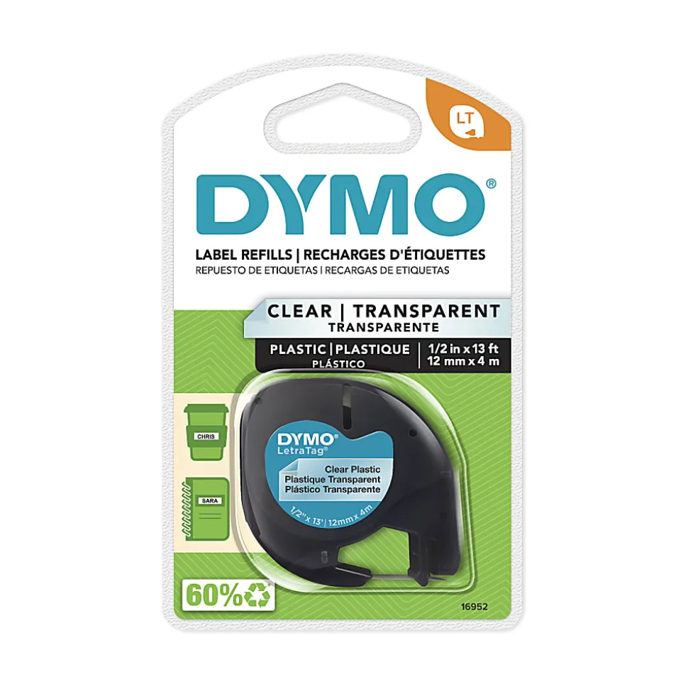 DYMO® LT 16952 Black-On-Clear Tape, 0.5" x 13'