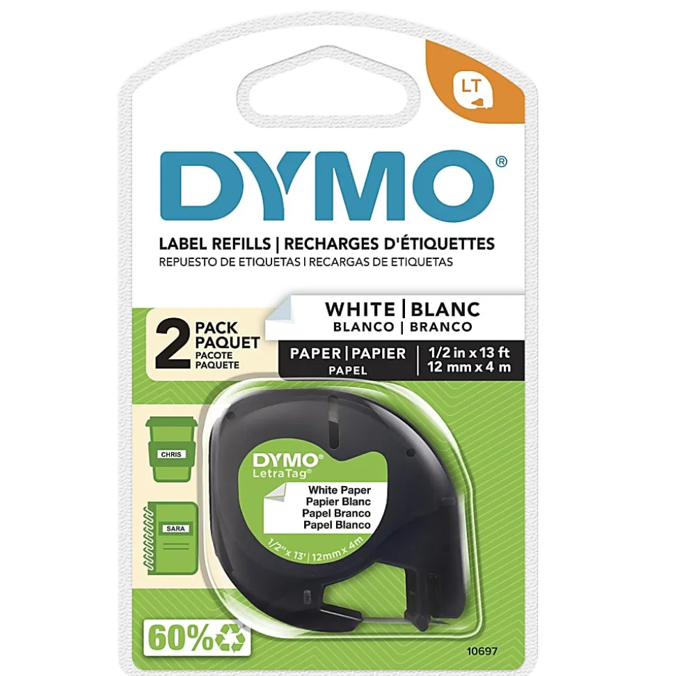 DYMO® LT 10697 Black-On-White Tape, 0.5" x 13', Pack Of 2