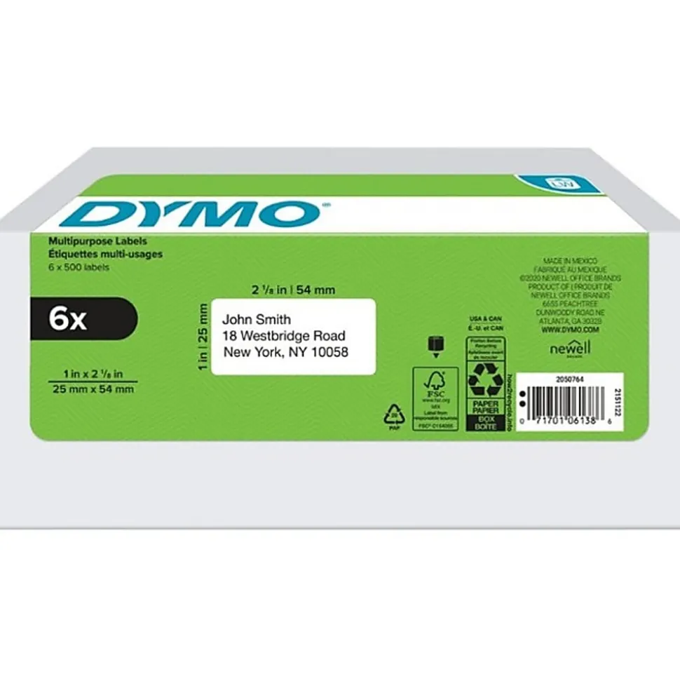 DYMO® Multipurpose Labels For LabelWriter® Label Printers, 1" x 2 1/8", White, 500 Labels Per Roll, Pack Of 6 Rolls