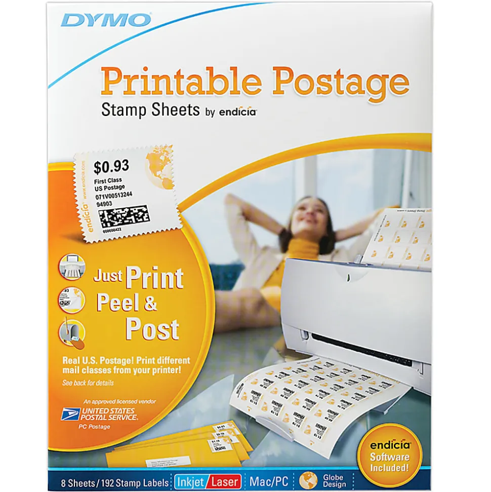 DYMO® Printable Postage, 1750042, 24 Stamps Per Sheet, Pack Of 8 Sheets