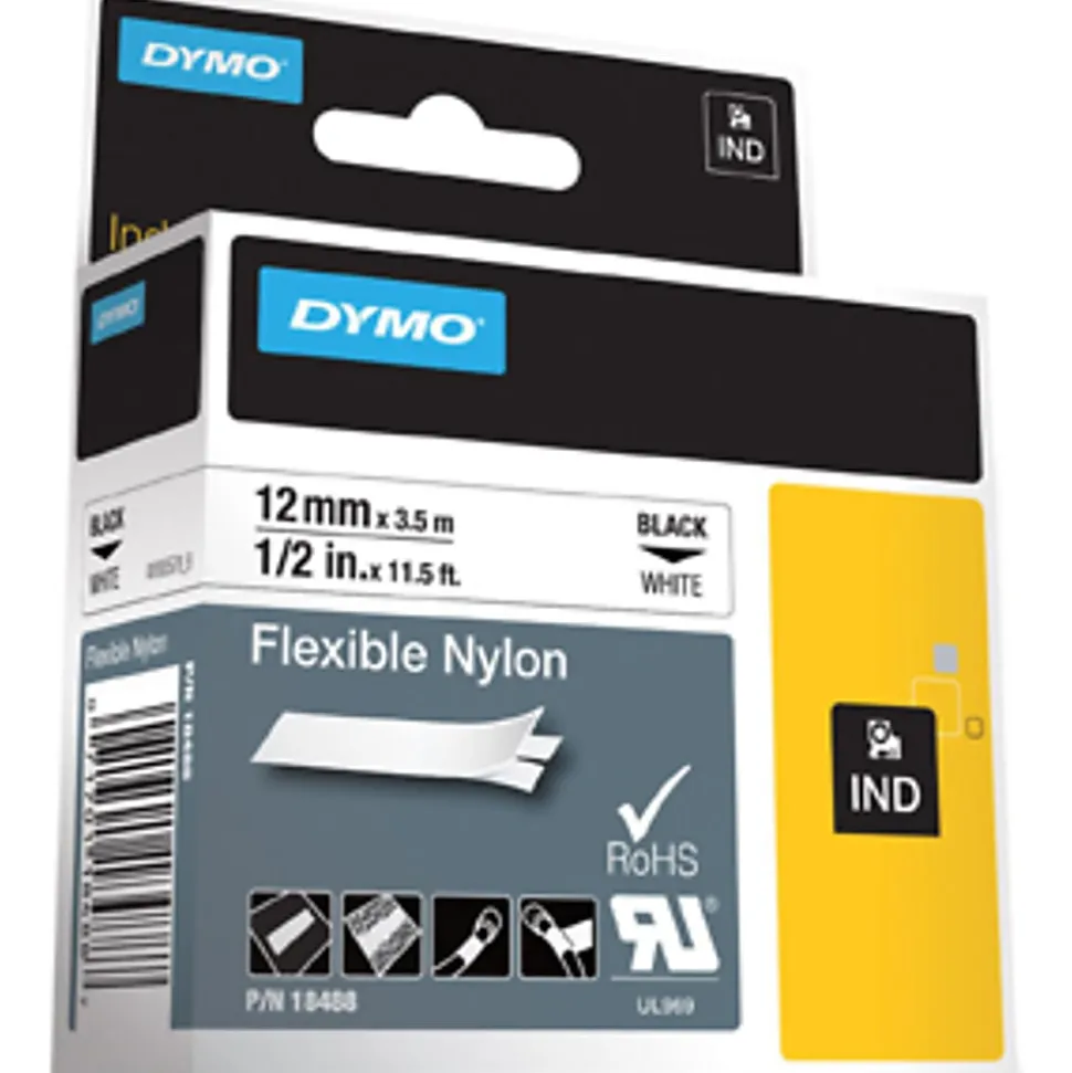 DYMO® Rhino 18488 Black-On-White Tape, 0.5" x 11.5'
