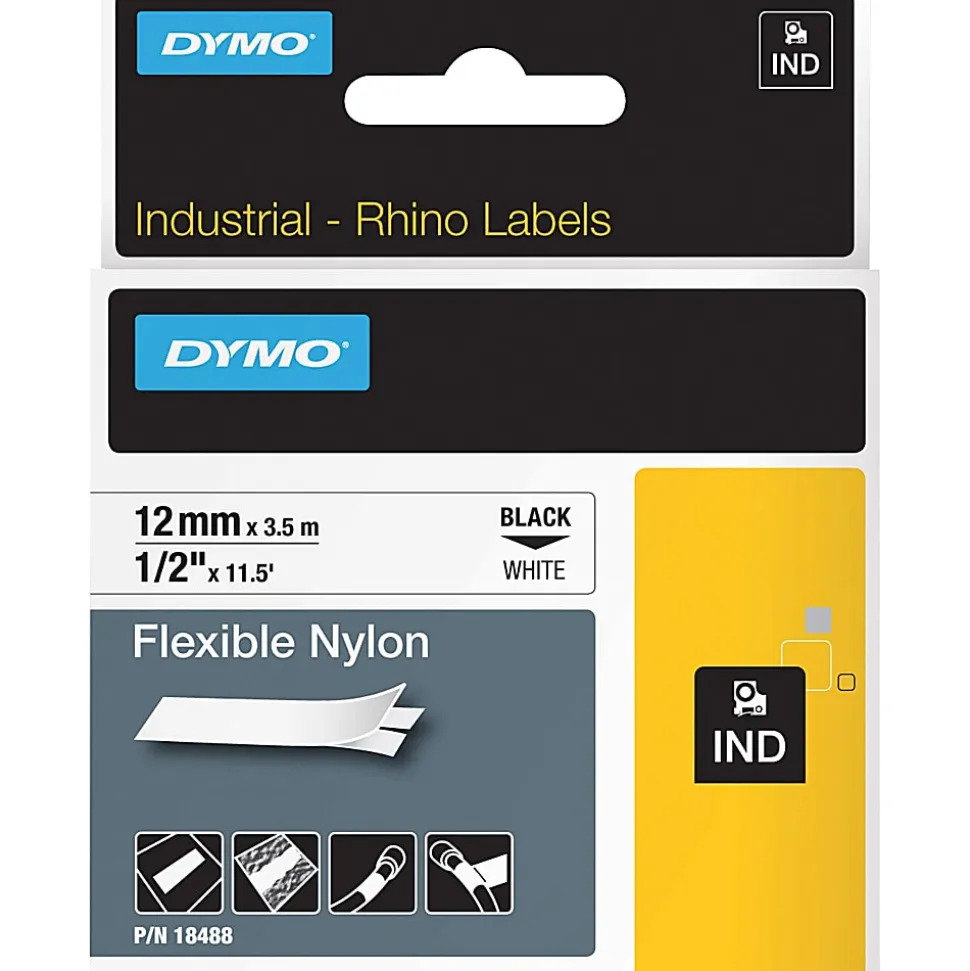 DYMO® Rhino 18488 Black-On-White Tape, 0.5" x 11.5'