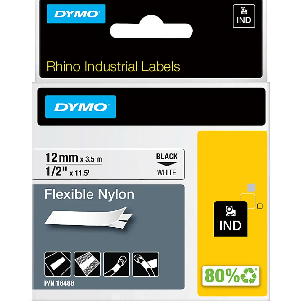 DYMO® Rhino 18488 Black-On-White Tape, 0.5" x 11.5'