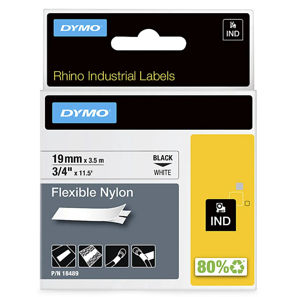 DYMO® Rhino 18489 Black-On-White Tape, 0.75" x 11.5'