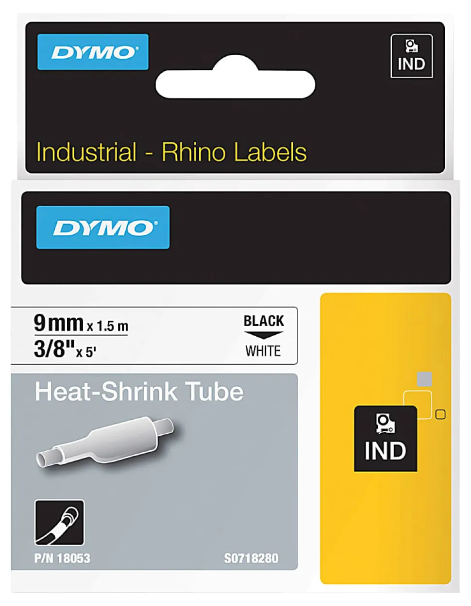 DYMO® Rhino Heat Shrink Tubes Industrial Label Tape, 0.37" x 5 ft, White/Black Print