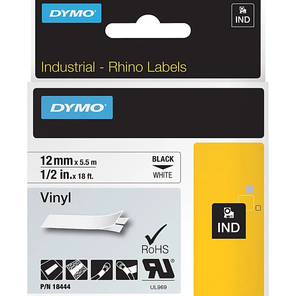 Dymo Rhino Industrial Vinyl Labels, 1/2" x 18-1/16', White/Black