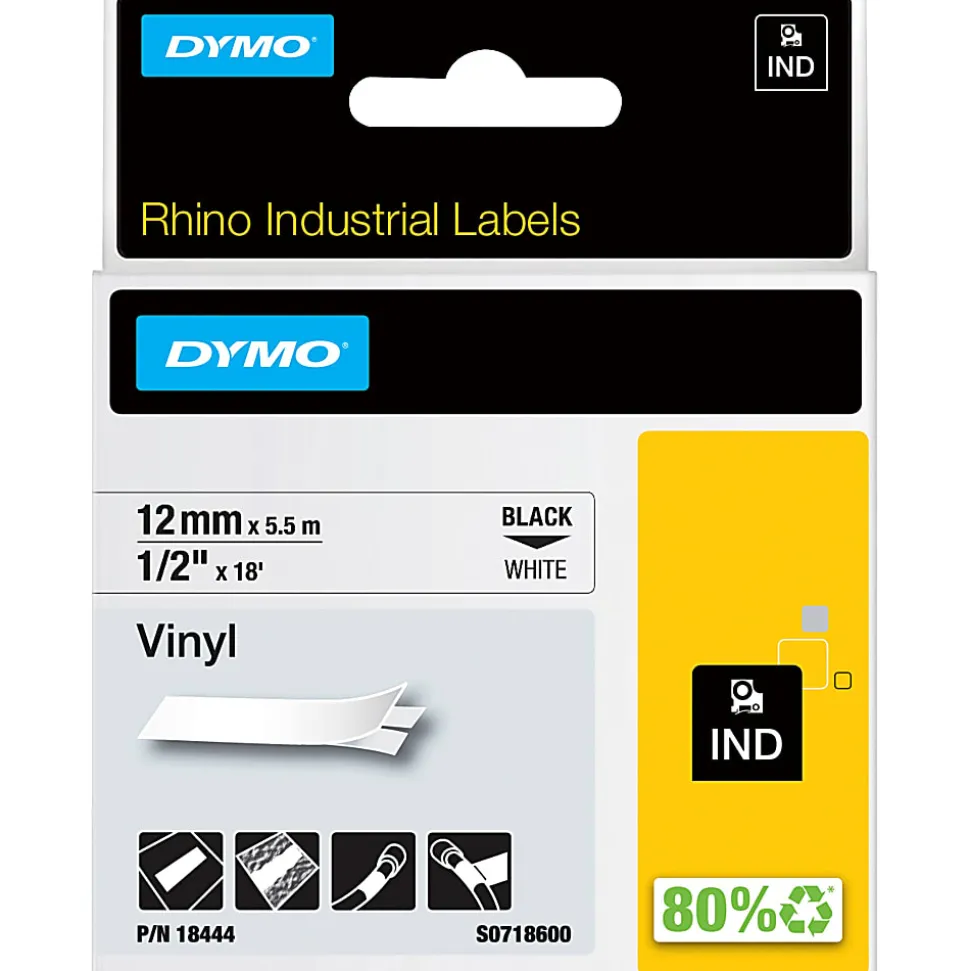 Dymo Rhino Industrial Vinyl Labels, 1/2" x 18-1/16', White/Black