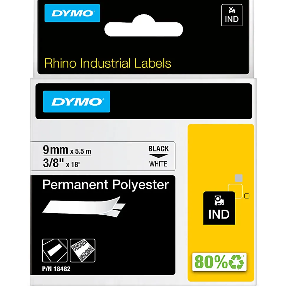 DYMO® Rhino Permanent Poly Labels, DYM18482, Permanent Adhesive, 3/8"W x 18'L, Direct Thermal, White, Polyester