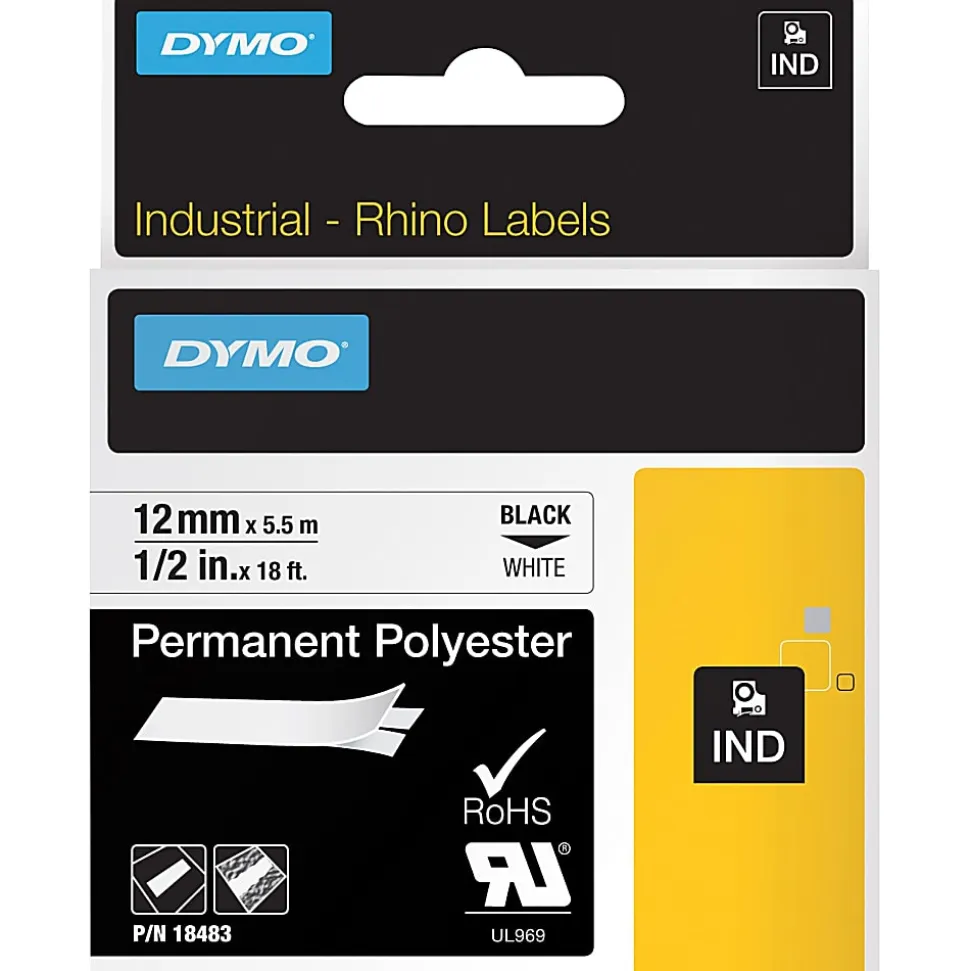 DYMO® Rhino 18483 Polyester Industrial Black-On-White Label Tape, 0.5" x 18'