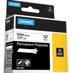 DYMO® Rhino 18483 Polyester Industrial Black-On-White Label Tape, 0.5" x 18'