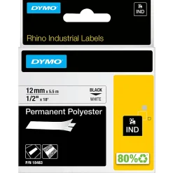 DYMO® Rhino 18483 Polyester Industrial Black-On-White Label Tape, 0.5