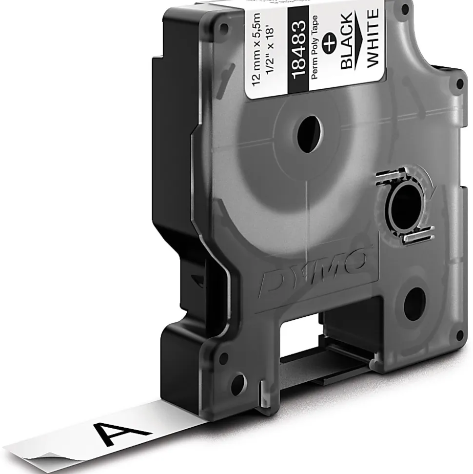 DYMO® Rhino 18483 Polyester Industrial Black-On-White Label Tape, 0.5" x 18'