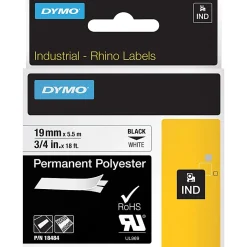 DYMO® Rhino 18484 Polyester Industrial Black-On-White Label Tape, 0.75" x 18'