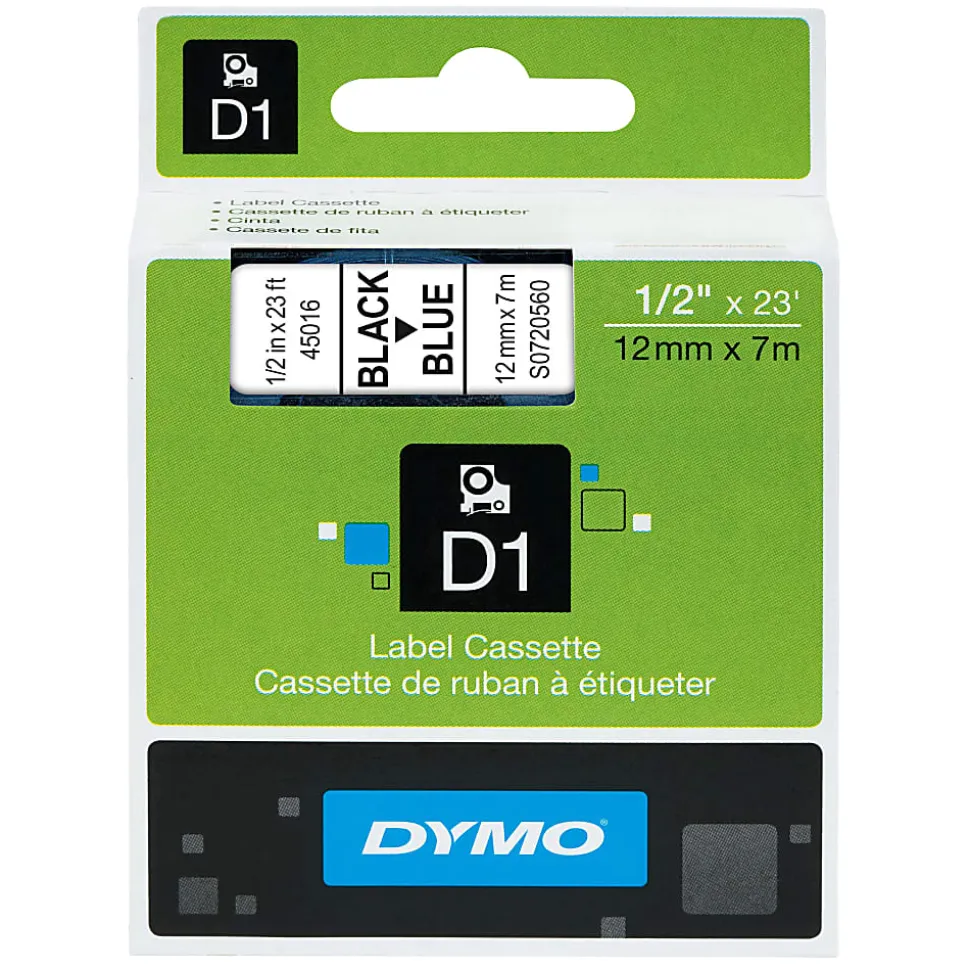DYMO Standard D1 Labeling Tape for LabelManager Label Makers, Black print on Blue tape, 1/2'' W x 23' L, 1 cartridge