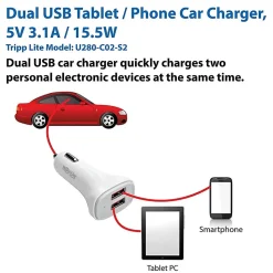 Eaton Tripp Lite Series USB Car Charger Dual-Port with Autosensing 5V 4.8A Fast Charger - U280C02S2